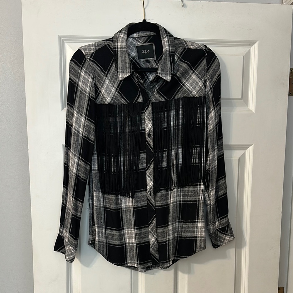 Rails Black and White Plaid Fringe Shirt